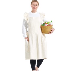 APRONNER Lovely Retro Ruffle Plus Size Apron with Pockets for Women Cotton Linen Adjustable Vintage Baking Creamy-white