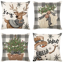 Pack of 4 Christmas Cushion Covers Linen, Christmas Cushion Nostalgia 45 x 45 cm, Christmas Decoration Indoor, Cushion Cover Christmas, Christmas Decoration American Cushion Cover for Sofa Bedroom Bed