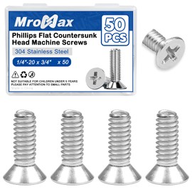 MroMax 50Pcs 1/4"-20 x 3/4" Phillips Flat Head Machine Screws, 304 Stainless Steel(18-8), UNC Coarse Thread, Countersunk Head Machine Screws, Phillips Drive #3