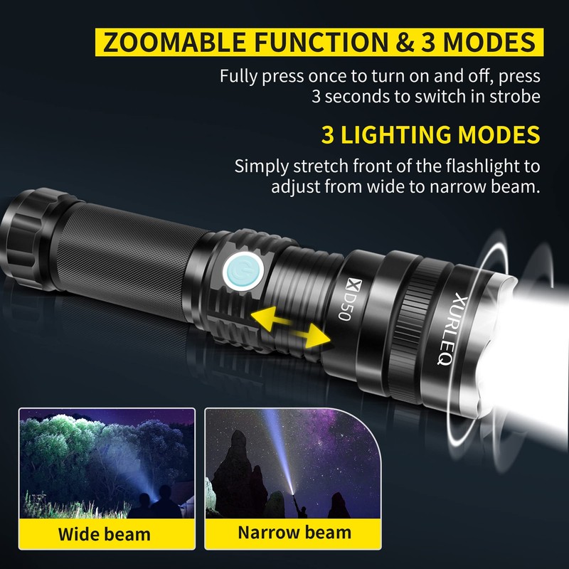 XURLEQ Flashlight Rechargeable Flashlights Flashlight 3 Modes Adjustable Waterproof Tactical