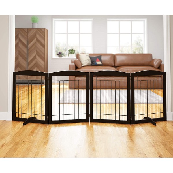 PAWLAND 96-inch Extra Wide Dog gate for The House, Doorway, Stairs, Freestanding Foldable Wire Pet Gate, Set of Support Feet Included (Espresso, 30" Height-4 Panels)