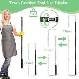 Frebuta Trash Pickup Tool Heavy Duty, 62In Trash Gator Pickup Tool Grabbers for Seniors Stainless Steels Tip Yard Trash Pickup Stick Extra Long Debris Nabber Garbage Litter Grabber Reacher Tool