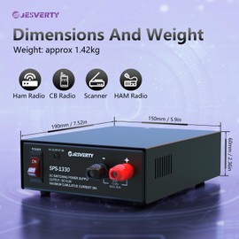 Jesverty Universal Compact Bench Power Supply - 30 Amp Regulated Home Lab Benchtop AC-to-DC Converter for CB/HAM/Amateur Radio with 13.8V Fixed OutputScrew-Type Terminals, Cooling Fan - SPS-1330