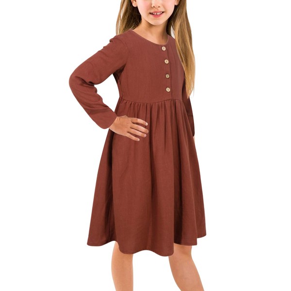 GORLYA Girl's Long Sleeve Button Up Pleated Waist Loose Casual Linen Midi Dress with Pockets for 4-12 Years Kids (GOR1007,7-8Y,Brown Color)