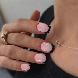 YOSOMK Gel Nail Stickers, French Pink Black Nail Strips, UV Free, Waterproof 16 Nail Wraps for Women, Long Lasting French Nail Polsih Stickers, Includes 1 Nail File, 1 Wooden Stick and 2 Prep Pad