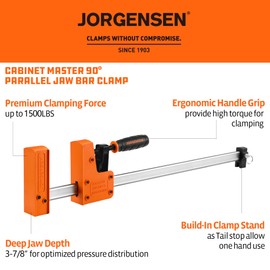 Jorgensen 18” Bar Clamp Set, 2-pack 90° Parallel Clamp Cabinet Master, Steel Jaw Bar Clamp for Woodworking, 1500 lbs load Limited