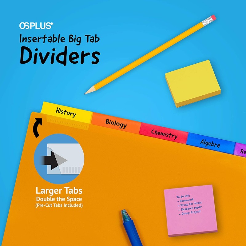 OS Plus 5-Tab Plastic Binder Dividers, Insertable Multicolor Big Tabs,