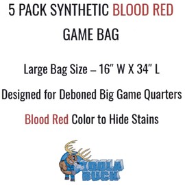Koola Buck Synthetic Game Bags Hunting | Five, Heavy Duty, Red, 16" by 34" Deer & Elk Quarter Game Bags with Drawstring & Reflective Webbing | Washable & Reusable Meat Bags | Hunting Gear Accessories