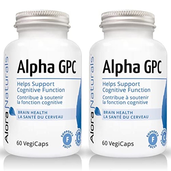 Alora Naturals Alpha GPC 60 VegiCaps - Choline Supplement, Vegan Approved, Supports Focus, Supports Cognition, Enhances Focus, 600mg per Capsule, 120 Count (Pack of 2) - Packaging May Vary
