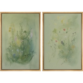 SIGNFORD Framed Canvas Print Wall Art Set Whimsical Green Wildflower Illustration Modern Art Decorative Nordic Nature for Living Room, Bedroom, Office - 16"x24"x2 Natural