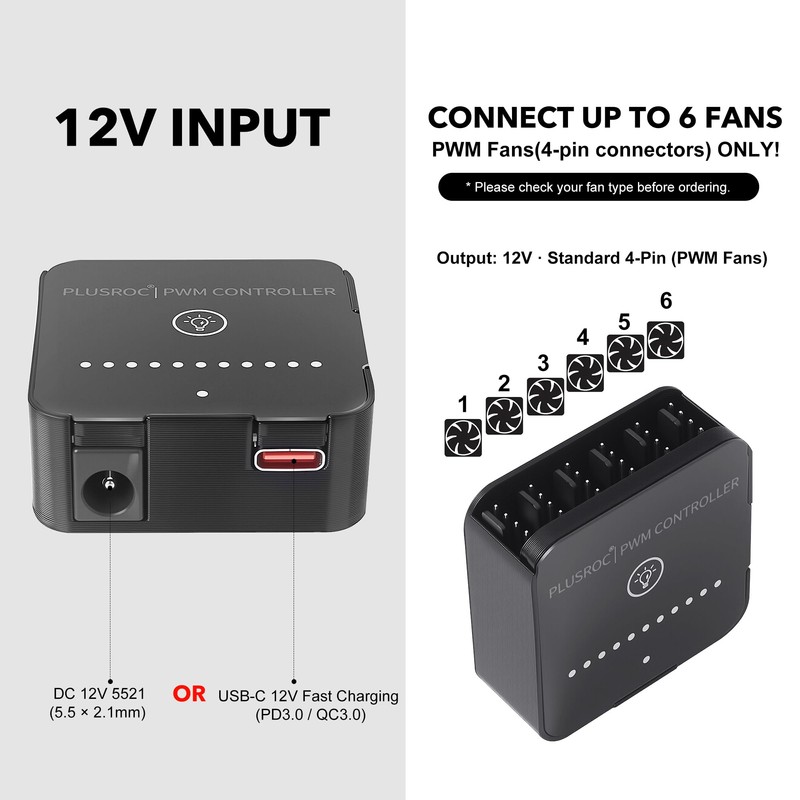 PlusRoc 12V DC PWM Fan Controller Hub, 60W Output for