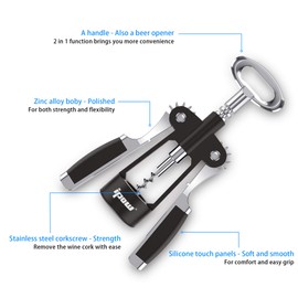 IPOW Wine Opener, Wing Corkscrew, Zinc Alloy Premium Wine Bottle Opener, Manual Multifunctional Cork Screw for Waiter, Heavy Duty, Upgrade Black