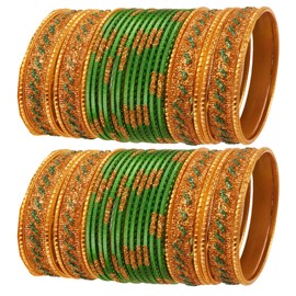 Touchstone New Indian Bollywood Glamorous Fashion Wrist Enhancing Shimmering Golden Glitters Textured Lawn Green Color Designer Jewelry Bracelets Bangle Chura. Set of 48 in Gold Tone for Women.