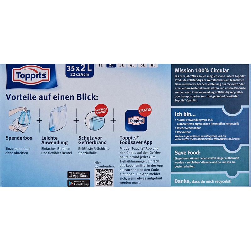 Toppits Gefrierbeutel 2 Liter Transparent, 35 Stück
