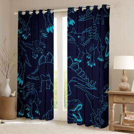Dinosaur Curtains for Bedroom 3D Digital Print Darkening Dreapes Cute Dinosaur Printed Comter 30%-50% Blackout Curtains Wild Animal Pattern Theme Blue Window Treatments (2 Panels, 38 x 54 Inch)