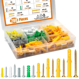 ISPINNER 280pcs Plastic Drywall Anchors and Screws Assortment Kit, 8 Different Sizes Ribbed Anchors for Wall Hanging and Mounting