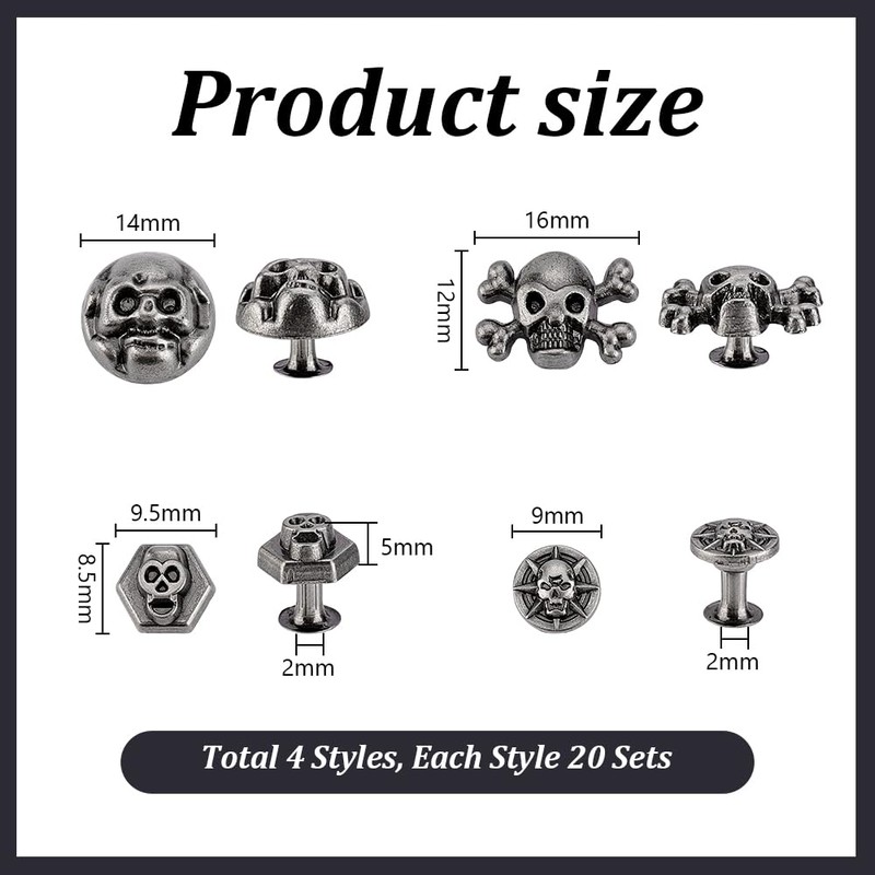 PH PandaHall 80 Sets Skull Head Rivets Screw Back Skull