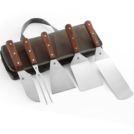 GRILLGEN 6-Piece Professional Griddle Accessories Kit for Griddle Cooking, Premium Rosewood Handles Spatulas Set with Scraper, Santoku Knife, Carving Fork, Storage Bag, Flat Top Grill Accessories