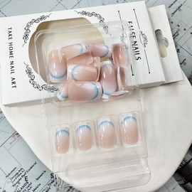 24PCS Blue French Tip Fake Nails Medium Press on Nails White Acrylic Nails Solid Color Glue on Nails Medium Nails Press ons Gradient Press on Nails Medium Stick on Nails for Women Manicure Decorations