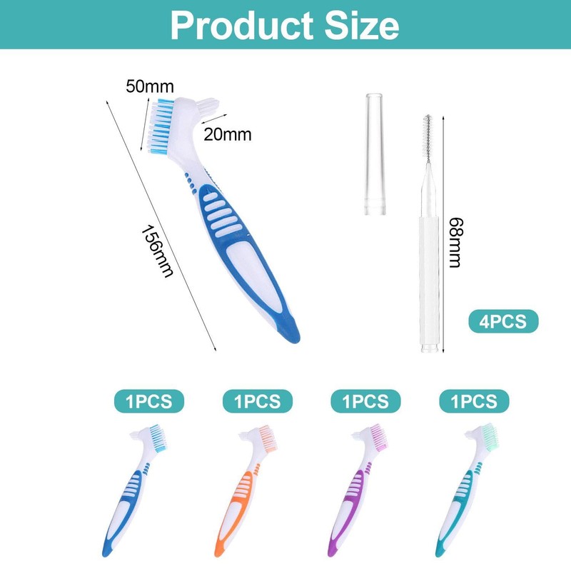 Pack of 4 denture cleaning brushes and 4 pieces interdental