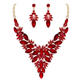 BriLove Women's Costume Fashion Crystal Multi Leaf Marquise Cluster Enamel Statement Necklace Dangle Earrings Set Ruby Color Gold-Toned