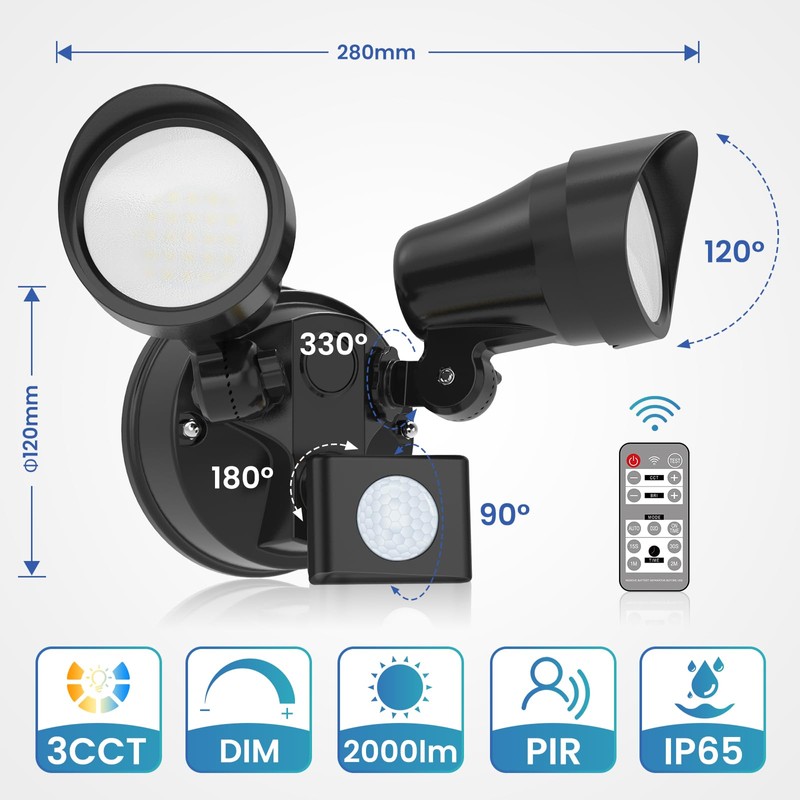 ALUSSO LIGHTING 25W LED Security Light Remote Control 2000lm, 3000K-6500K