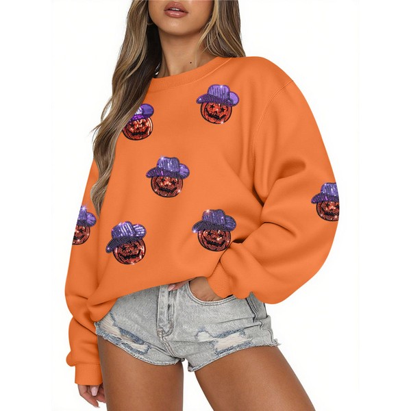 MAXIMGR Halloween Sweatshirts for Women Sequin Ghost Pumpkin Sweatshirt Funny
