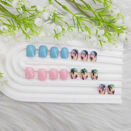 Summer Press on Nails Short Fake Nails with Coconut Palm Designs Square Glue on Nails Blue Pink Acrylic Nails Glossy Nails Press ons Cute False Nails Artificial Stick on Nails for Women 24Pcs
