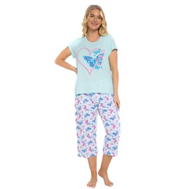Womens 100% Cotton Jersey Short Sleeved Cropped Leg Animal, Butterfly, Bear & Heart Design Pyjamas (SUMMER HEART TURQUOISE 12-14)