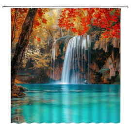 YNFUQANLN Fall Waterfall Shower Curtain Tree Forest Waterfall Jungle Autumn Nature Scenery Landscape 70" Wx70 H Fabric Bathroom Decor Curtain with Hooks