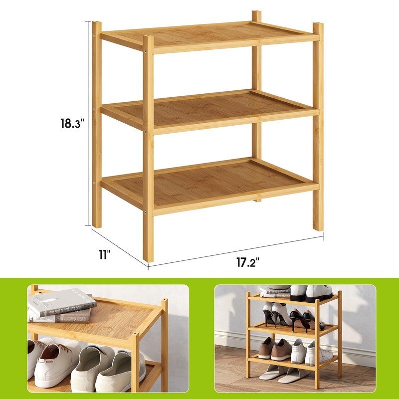 BMOSU 3-Tier Bamboo Small Shoe Rack Premium Stackable Shoe Shelf