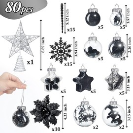 Jenaai 80 Pcs Clear Christmas Ball Ornaments Set Plastic Shatterproof Christmas Tree Decoration with Snowflake Icicle Poinsettia Flower Tree Topper Hanging Baubles for Xmas Holiday(Black)