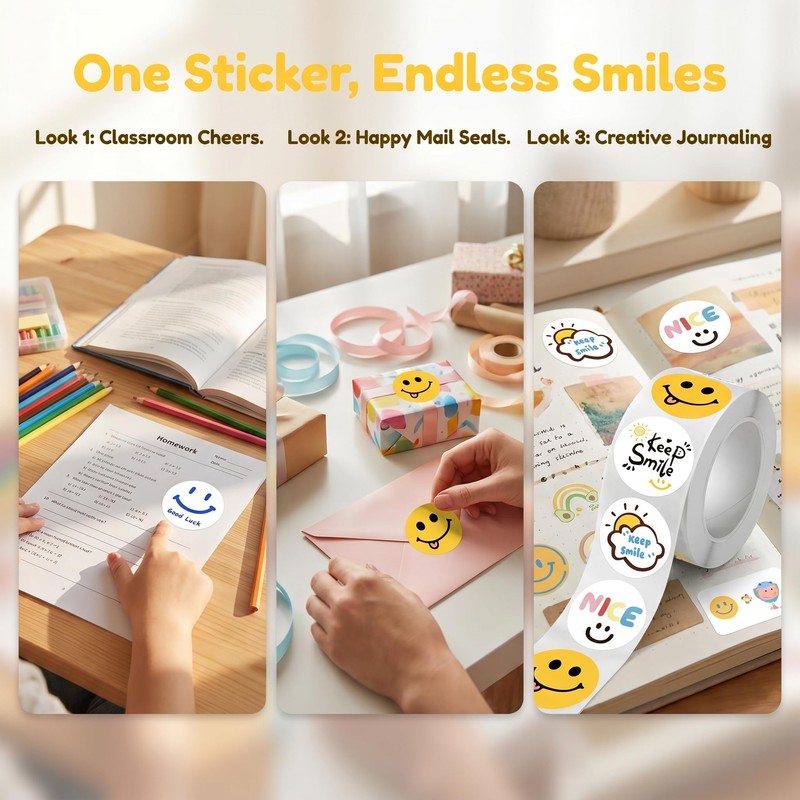 HEYTRCO 500 Pcs Smiley Face Stickers Roll, 8 Expressive Designs