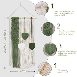 SCECALA Boho Macrame Wall Hanging, Woven Tassel Tapestry with Leaf and Wooden Bead, Green White Bohemian Home Decor Modern Chic Wall Decor for Bedroom Living Room Dorm Party Apartment Nursery