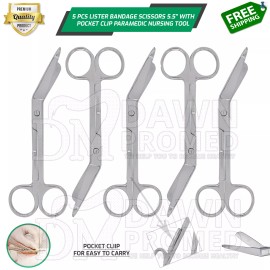 DawnProMed 5 Pcs Lister Bandage Scissors 5.5" with Pocket Clip Paramedic Nursing Tools G.G