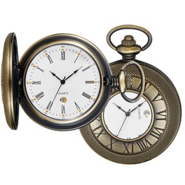 Realpoo Bronze Hollow Roman Digital Pocket Watch Cover for Men, Calendar Roman Dial Men's Quartz Pocket Watch with Chain-Bronze