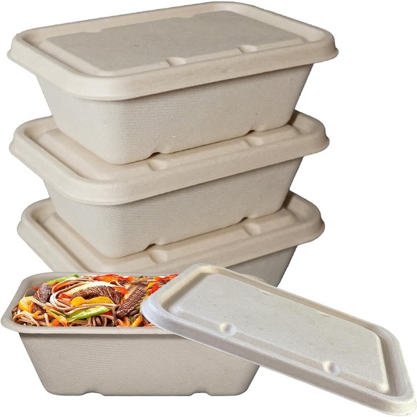 EcoQuality 24oz Disposable Bowls with Fiber Lids - Rectangular Compostable