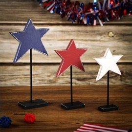 DoubleFill 3 Pcs 4th of July Patriotic Table Centerpiece Decoration Rustic Wooden Star Sign Farmhouse Memorial Day Red White Blue Star Block Tall Standing Independence Day Decor for Home Indoor Desk