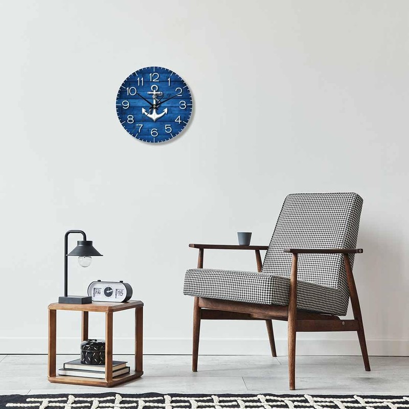 White Anchor Wall Clock Battery Operated Nautical Vintage Wood Blue