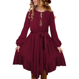 blibean Girl Fall Boho Dress Kid Long Sleeve Tween Bohemian Burgundy Round Neck Child Dresses Solid Maxi Flowy Swing Clothes Size 4-5T Small Wine Red