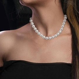 Myshiwu Round White Simulated Faux Pearl Necklace Strand Pearl Choker Necklaces for Women Trendy Jewelry Gift (10 MM)