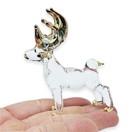 WitnyStore Tiny 2¾" Clear Gold Standing Deer Figurine - Miniature Hand Blown Painted Glass Deers Stag Hart Doe Fawn Reindeer Wildlife Animals Cute Crystal Decorative Collectible Figurines Décor Gifts
