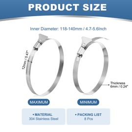 PATIKIL 5" Stainless Steel Hose Clamp, 8 Pcs 118-140mm (4.7-5.6Inch) Adjustable Thumb Screw Key Type Clamps Worm Gear Hose Clamp for Dryer Vent Dust Collector Automotive, Silver Tone