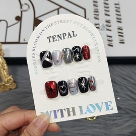 TENPAL Gothic Press On Nails With Tools,Y2K Spider Web Embossed Short Square Glossy Chrome Glue on Nails,Dark Sweet Cool Acrylic Fake Nails,Silver White Red Metal Artificial False Nails 10Pcs(XS)