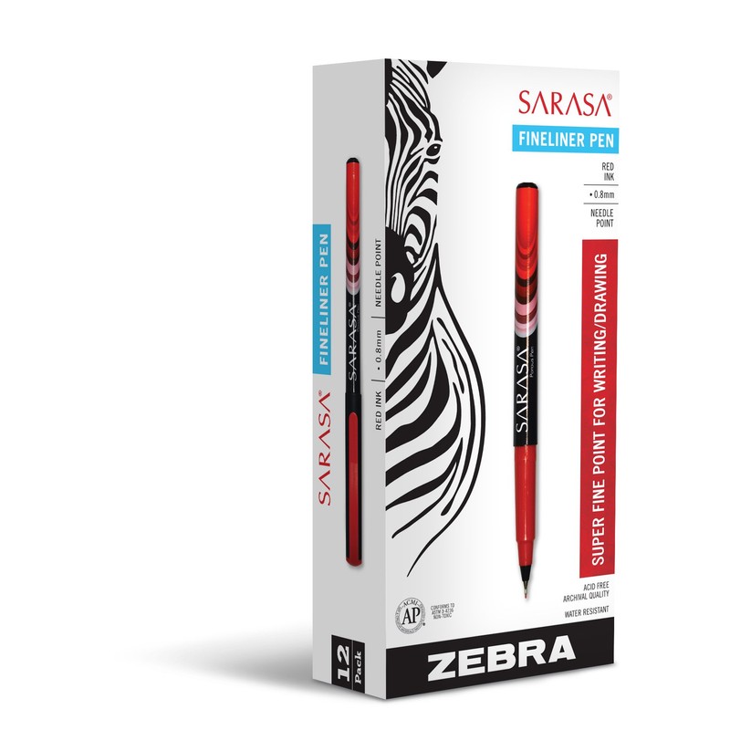 Zebra Sarasa Fineliner Pen, 0.8mm, Red, 12-Count