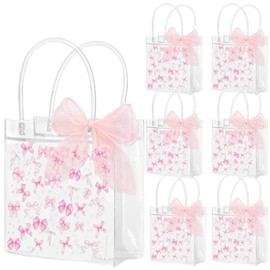 Wesnoy 24 Pcs Pink Bow Clear PVC Gift Bags with Handles Coquette Bowknot Party Favor Reusable Plastic Candy Treat Tote Bags for Wedding Birthday Baby Shower Valentine's Day Party Supplies(Pink Bow)