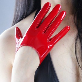 DooWay Short Red Leather Gloves Women Faux Patent PU Wet Look Latex Gloves 13cm Half Palm Cosplay Costume Party