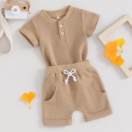 Kuriozud Newborn Baby Boy Summer Clothes Button Short Sleeve Romper Bodysuit Shorts Set Infant Soft Waffle Outfit, Waffle Khaki, 3-6 Months