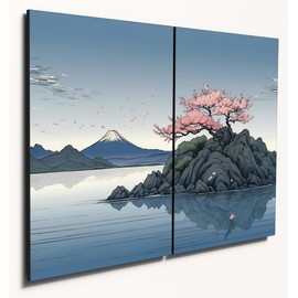 The Plum Penguin Japanese Nihonga Style Sakura Island Wall Art, A4 Twin-Set, 6mm MDF Wood Print