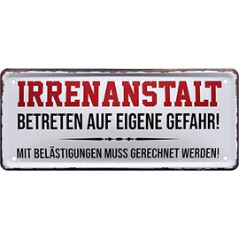 schilderkreis24 - Tin Signs Funny Saying "Irrenanstalt betreten auf eigene Gefahr" Decorative Metal Sign House Entrance Sign Gift Idea Door Home 28 x 12 cm